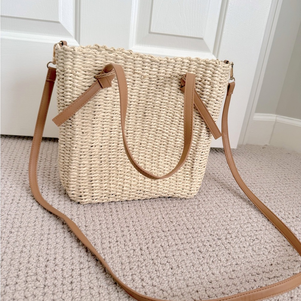 Beige Woven Beach Bag